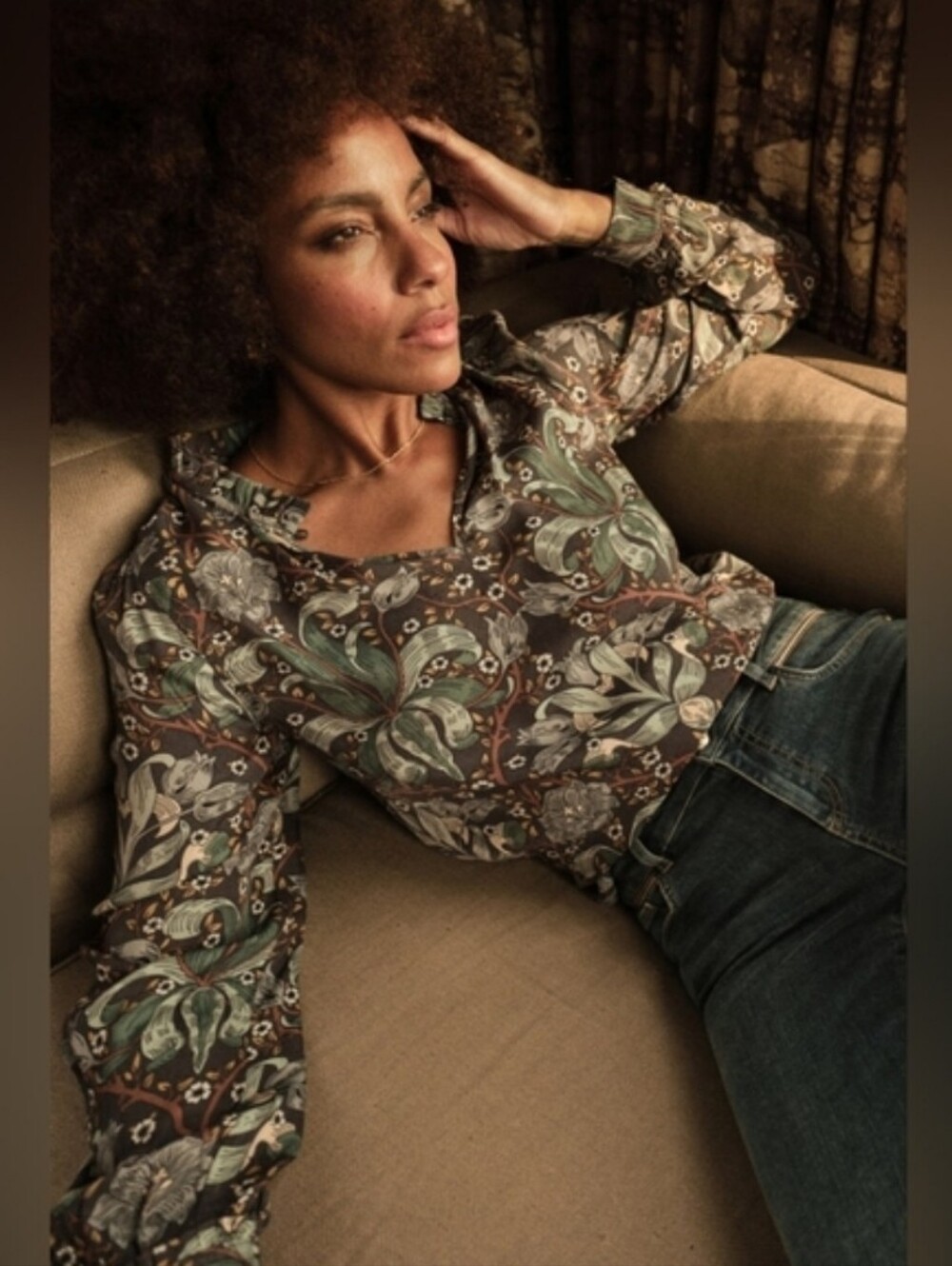 Mos Mosh Botanical Print Blouse With Tie in Teal & Brown Small